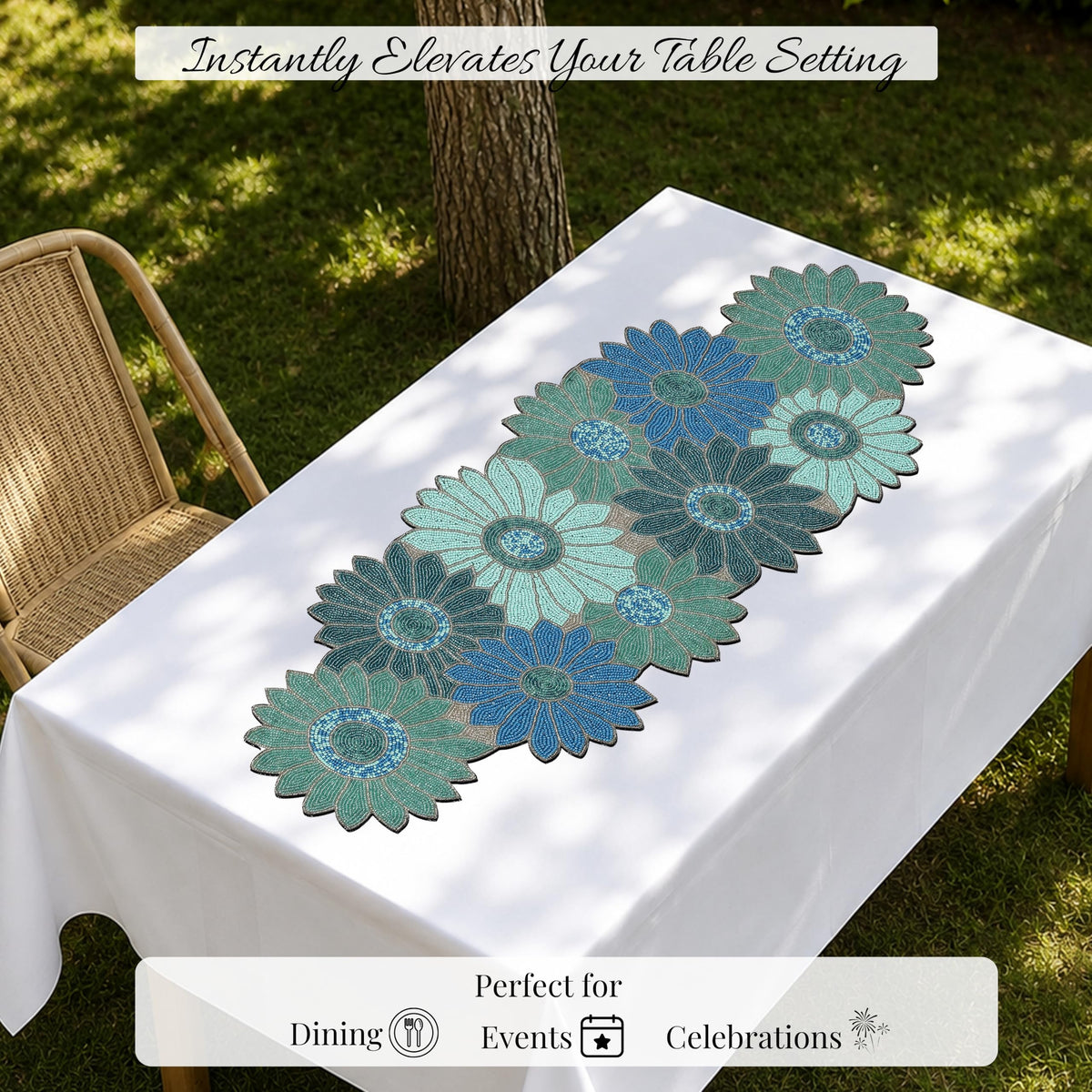 ALPHA Living HOME Blue Beaded Runner 13x36 Inch Handmade Dining Table Decor