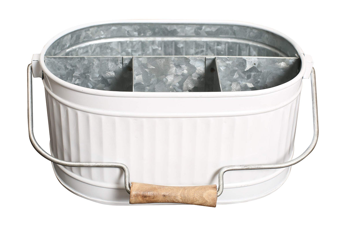 Alpha Living Home Rustic Heavy Duty Alloy Multi-Compartment Silverware Caddy - Metal Utensil Versatile All-in-One Organizer for Kitchen, Bathroom & Office Utensils, Flatware, and Accessories (White)