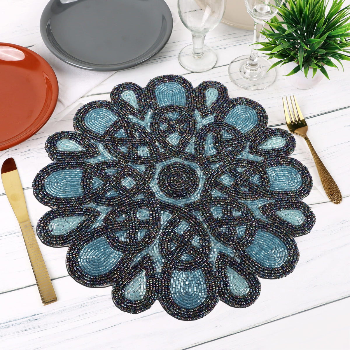 Round Handmade Beaded Placemat, Blue Black, Set of 1