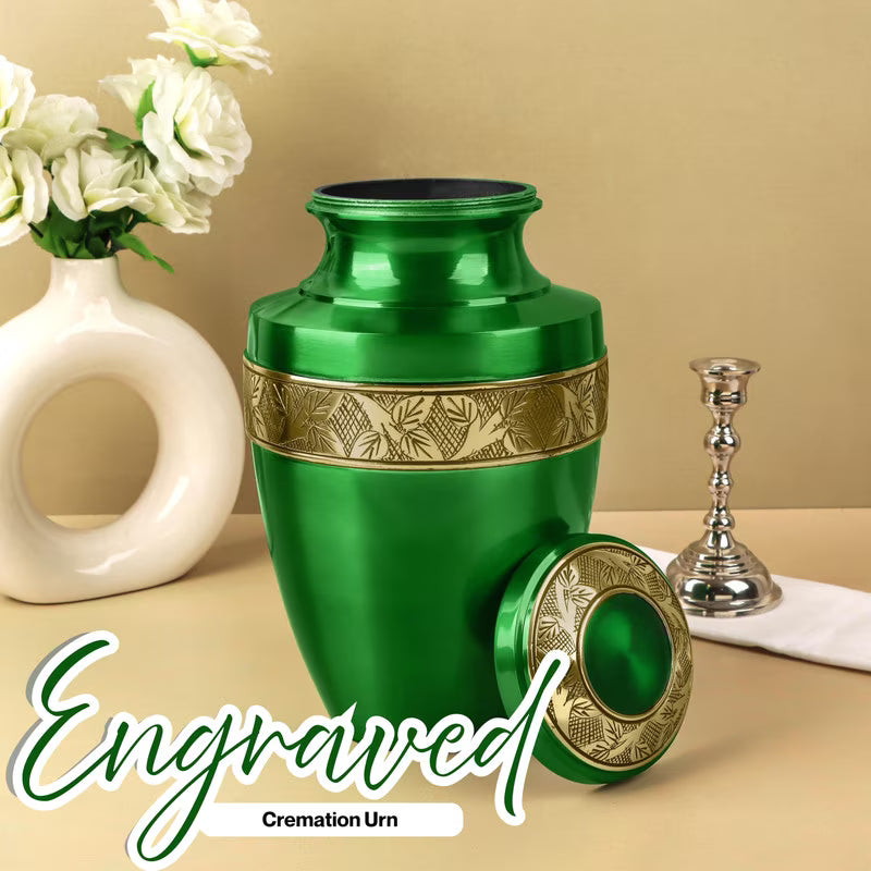 ALPHA Living HOME Cremation Urns for Human Ashes Adult – Handcrafted Metal Memorial Urn with Tree Engraving & Velvet Carry Bag, Decorative Funeral Burial Urn with Secure Screw Lid (Green & Gold)