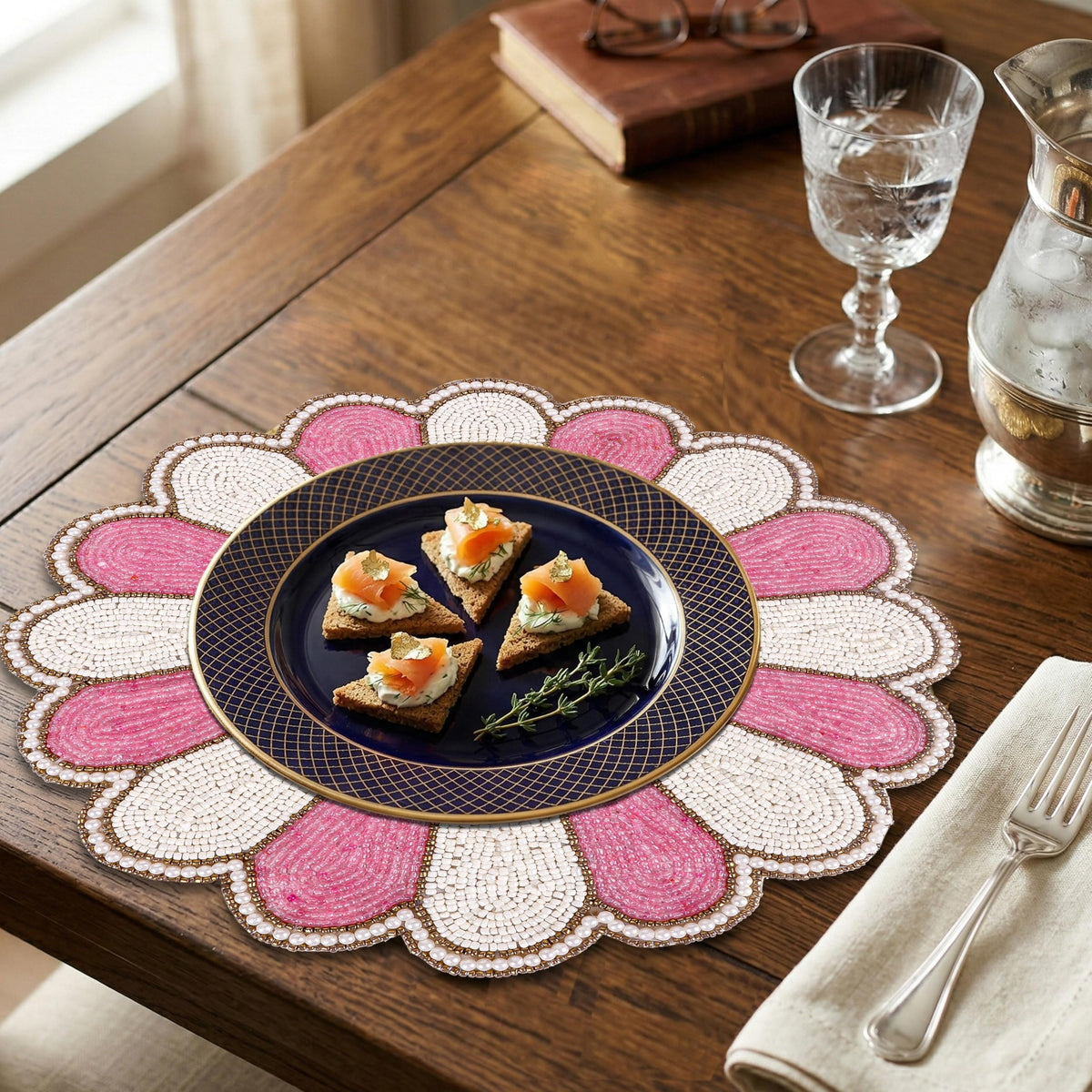 ALPHA LIVING HOME, 13-Inch Beaded Placemat, Pink White, Set of 1