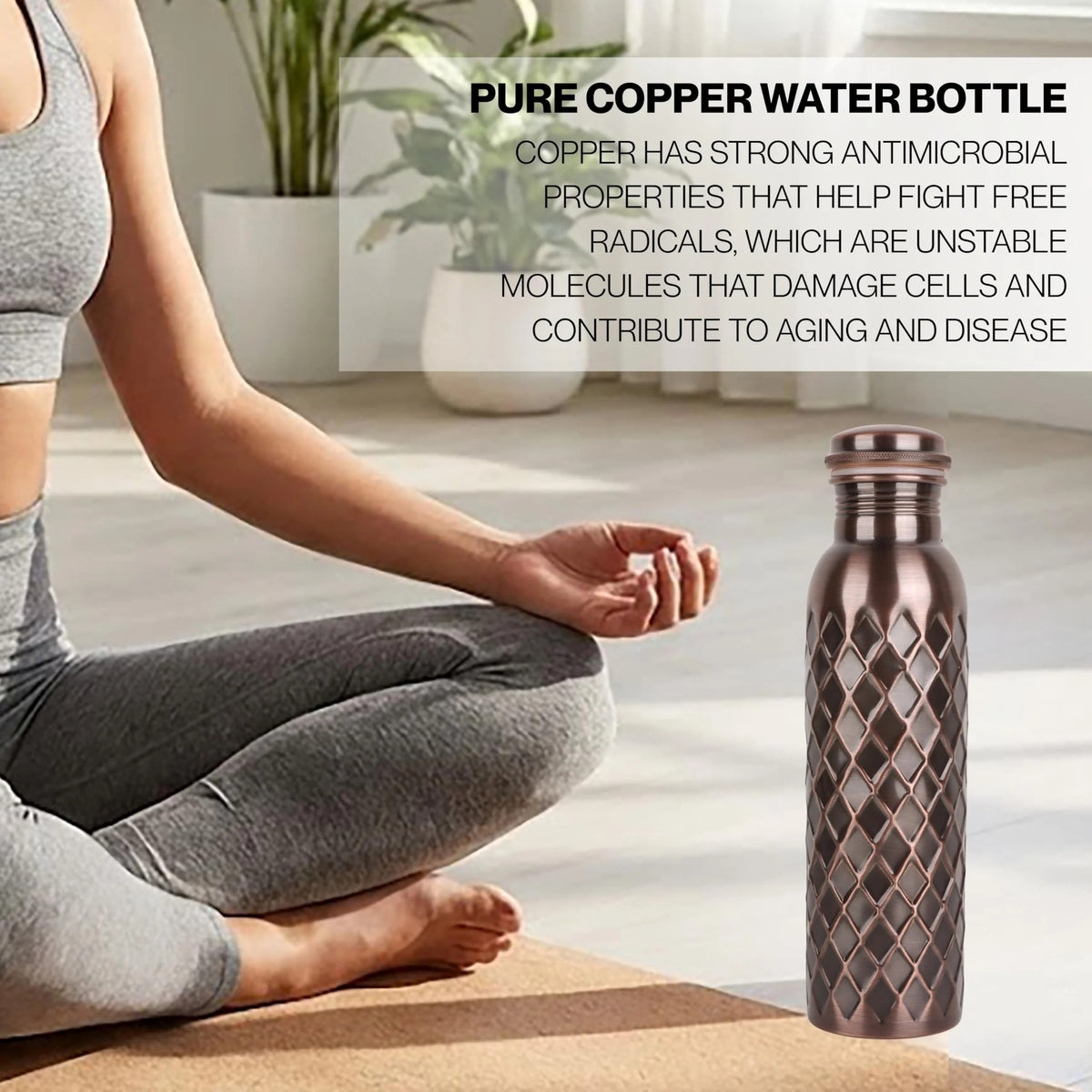 Copper Water Bottle 32 Oz Extra Large, Pure Copper Bottle for Drinking Water, Diamond Ayurvedic Drinking Bottle, Leak Proof Vessel, Cleaning Brush, Daily Hydration for Home Travel