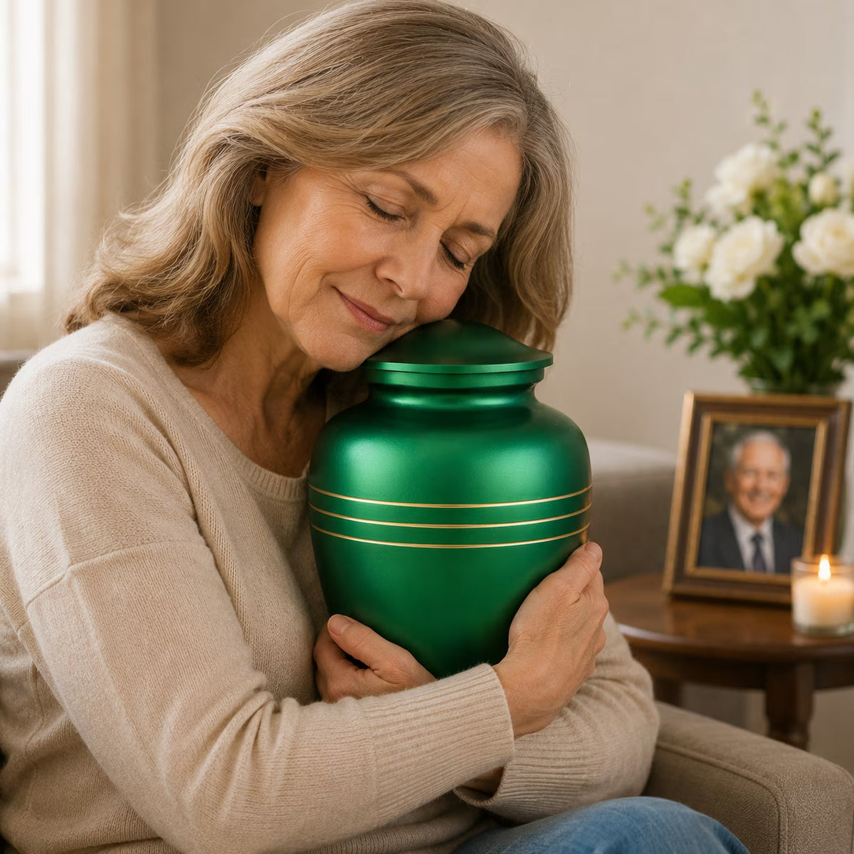 Memorials Cremation Urns for Human Ashes Cremation Urn Funeral Urns for Adult Female & Male Decorative Burial Urn Holds Large up to 220 lbs (Green Gold) - ALPHA Living HOME