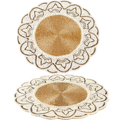 Hand-Beaded 13-Inch Round Placemat, Gold Ivory, Set of 1