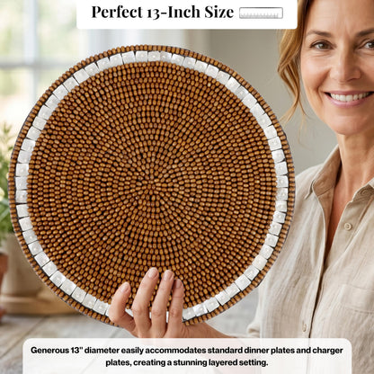 Round Woven Placemats Set of 2 – 13 Inch Handmade Wood with Cotton Backing, Decorative Table Mats for Dining Table, Farmhouse, Boho, Holiday & Everyday Home Decor, Ivory Natural