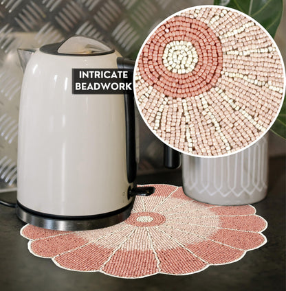 ALPHA Living HOME Beaded Placemats – 13 Inch Round Handmade Glass Bead Table Mats, Set of 1 (Pink White)
