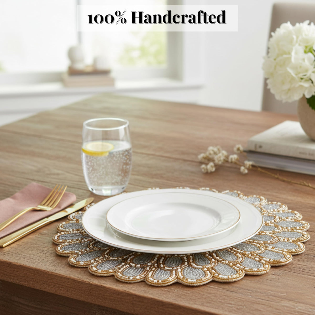 ALPHA Living HOME Beaded Placemat – Ivory & Gold, 13 Inch, Set of 1
