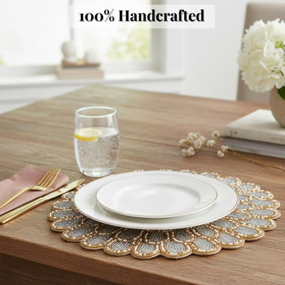 ALPHA Living HOME Beaded Placemat – Ivory & Gold, 13 Inch, Set of 1