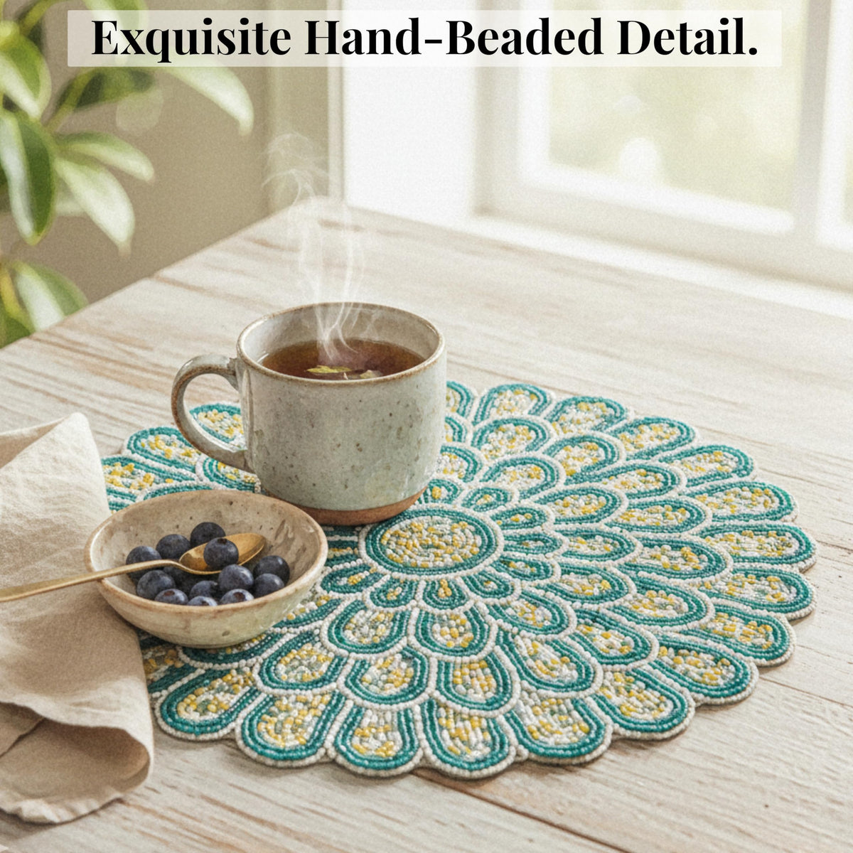 ALPHA Living HOME Round Beaded Placemat – Green & White, 13 Inch, Set of 1