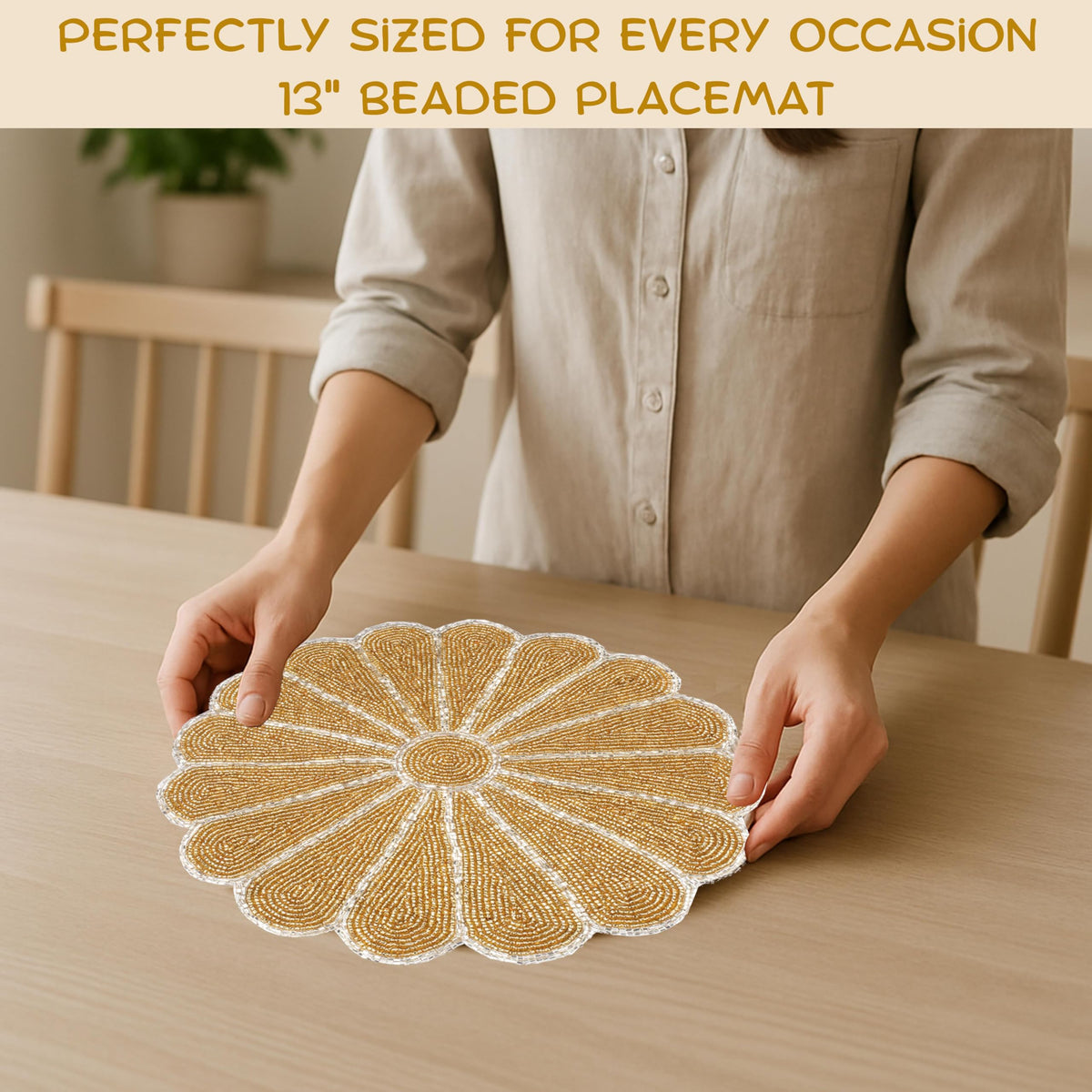 ALPHA Living HOME 2-Pack Round Placemats, Glass Beads, Gold Silver, 13 Inch