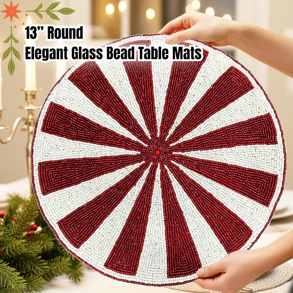 ALPHA Living HOME Round Beaded Placemats – Handmade Glass Bead Charger Table Mats, Set of 1 (White Red)