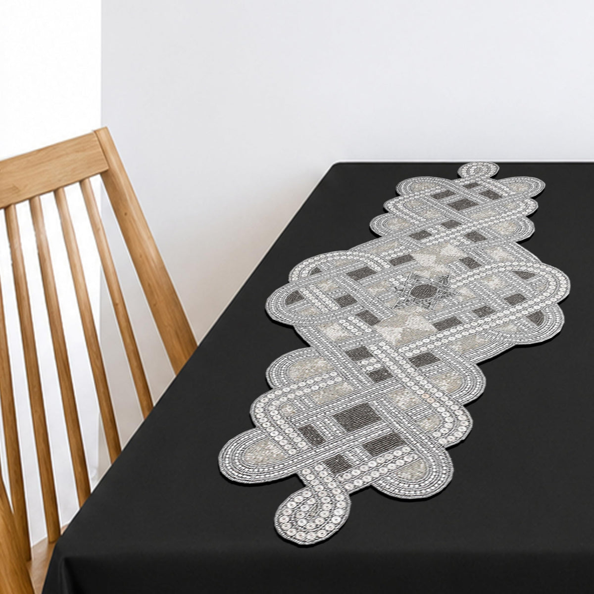 Handmade Beaded Table Runner 13 x 36 Inch, Grey Silver Decorative Glass Bead Table Runner with Polyester Back, Elegant Dining Table Centerpiece for Coffee, Wedding, Holiday & Farmhouse Home Décor