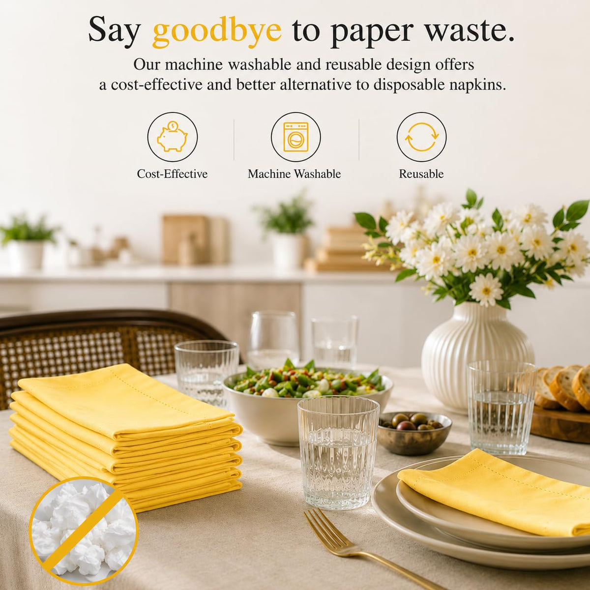 Alpha Living Home Cotton Cloth Napkins, 18x18 in, Yellow, 12-Pack