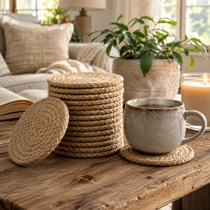 Jute Coasters Set of 12-4 Inch Round Drink Coasters, Thick Absorbent & Heat Resistant | Natural Fiber Coaster for Hot & Cold Drinks, Cups, Glasses, Table & Home Decor – ALPHA Living HOME