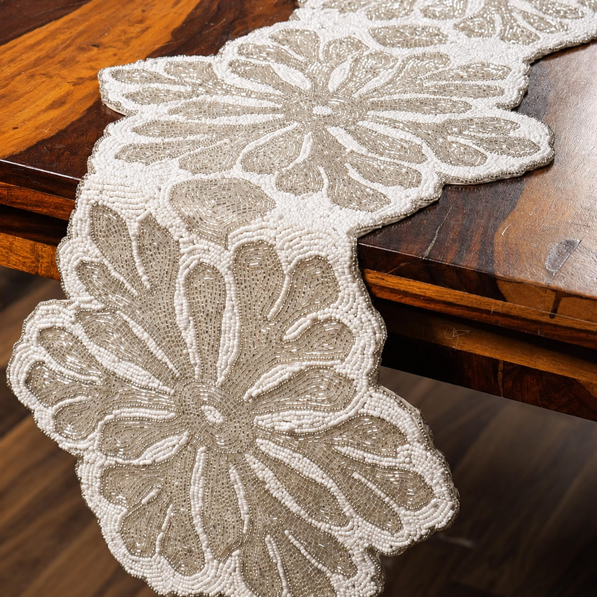 Alpha Living Home Beaded Table Runner, 13x36 in, Silver & White