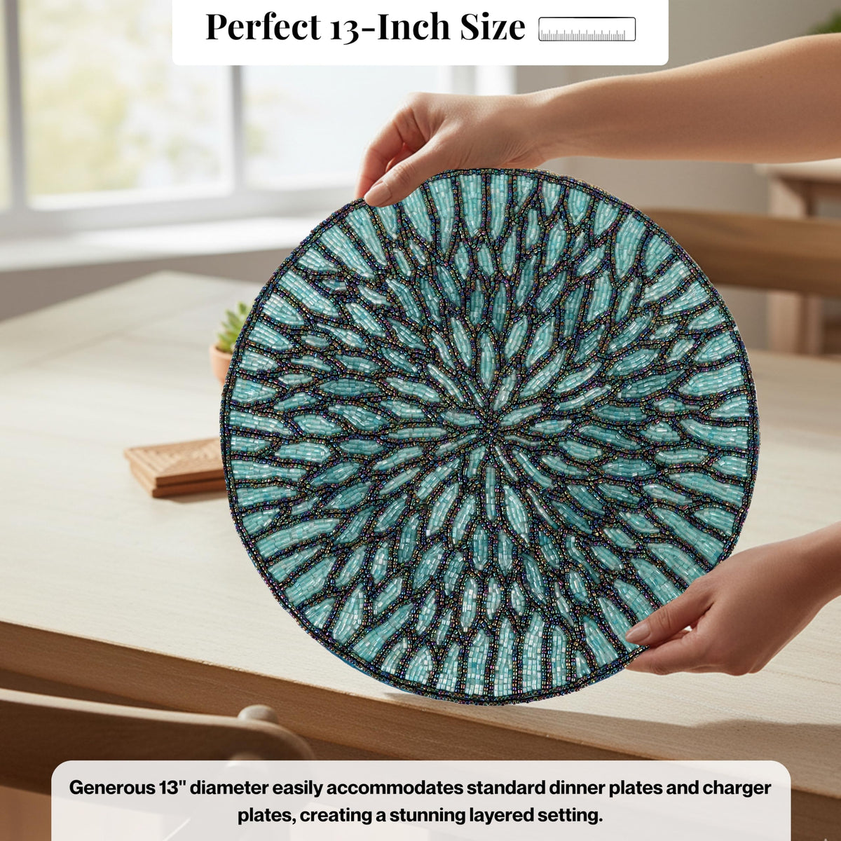 ALPHA Living HOME Beaded Placemats – 13 Inch Round Glass Bead Table Mats, Set of 2 (Blue Black)