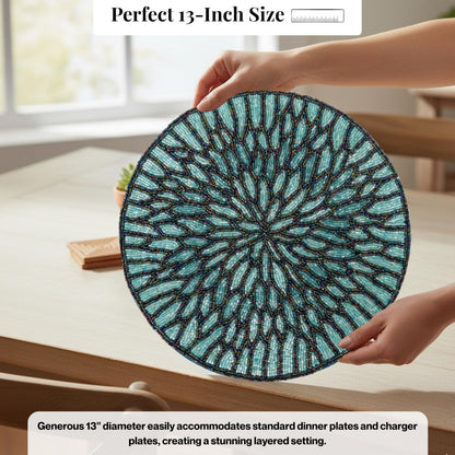 ALPHA Living HOME Beaded Placemats – 13 Inch Round Glass Bead Table Mats, Set of 2 (Blue Black)