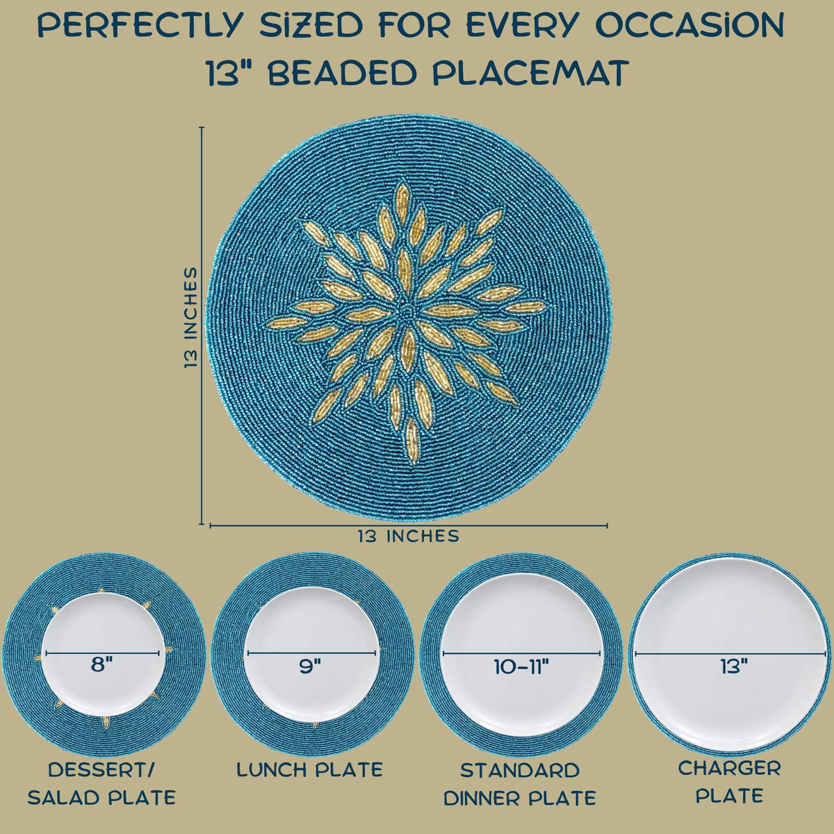 Alpha Living Home 13-Inch Round Beaded Placemat, Gold Teal, Set of 1