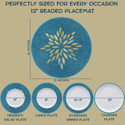 Alpha Living Home 13-Inch Round Beaded Placemat, Gold Teal, Set of 1
