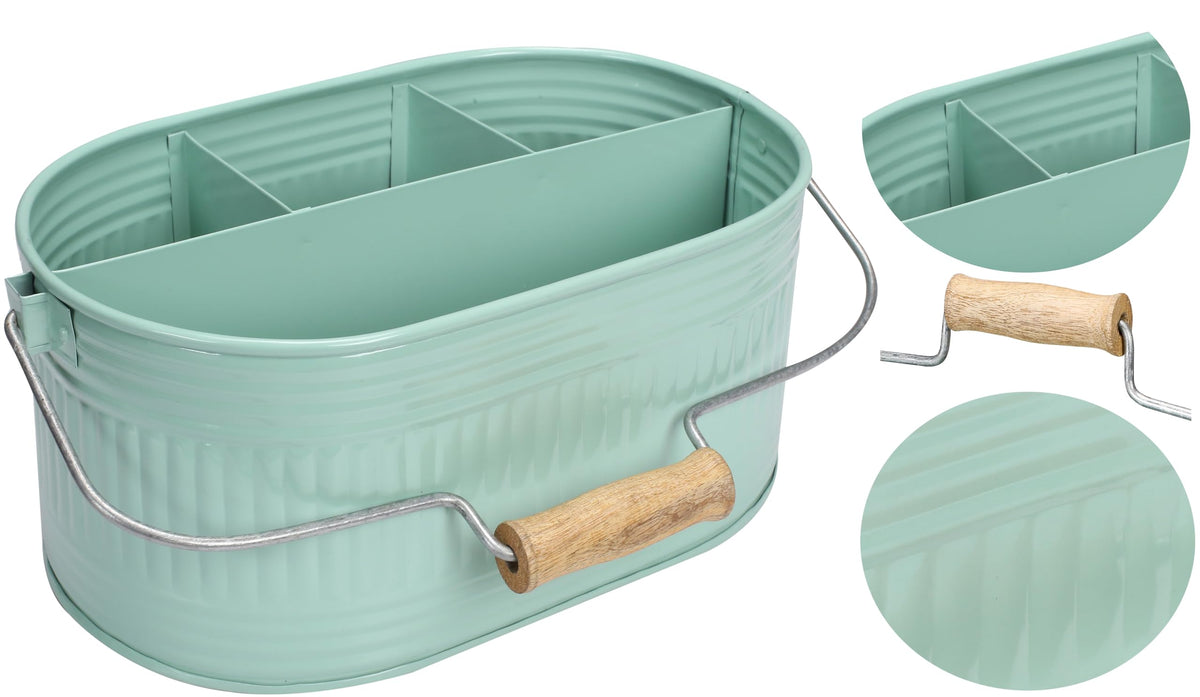 Alpha Living Home Farmhouse Utensil Caddy Carry-All Serveware-Galvanized Metal Organizer for Kitchen Counter-Comfort Wooden Handle In/Outdoor Storage For Flatware,Condiments,Party Cutlery,Arts-TEAL