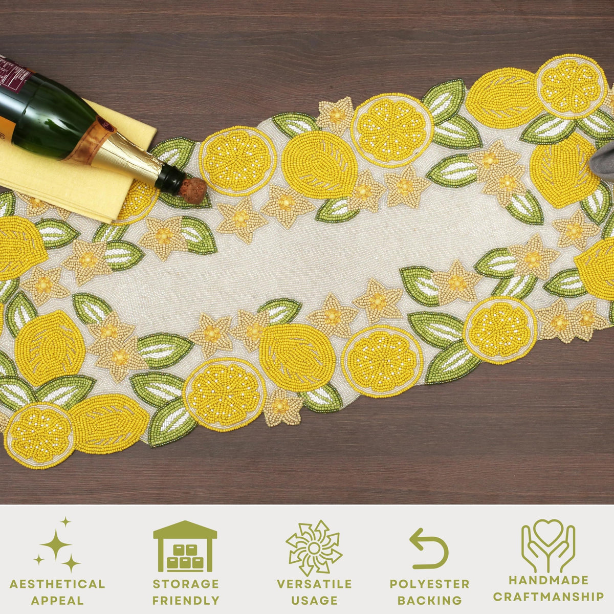 Beaded Runner 36 inch for Dining Table – Handcrafted Glass Beads & Polyester | Luxury Farmhouse, Wedding, Holiday, Kitchen, Party, Spring, Summer, Bridal (Yellow Green) - ALPHA Living HOME