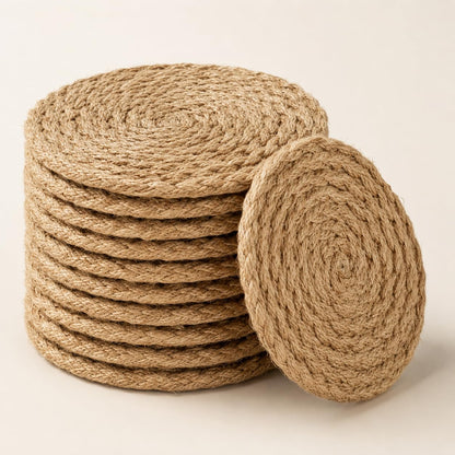 Jute Coasters Set of 12-4 Inch Round Drink Coasters, Thick Absorbent & Heat Resistant | Natural Fiber Coaster for Hot & Cold Drinks, Cups, Glasses, Table & Home Decor – ALPHA Living HOME