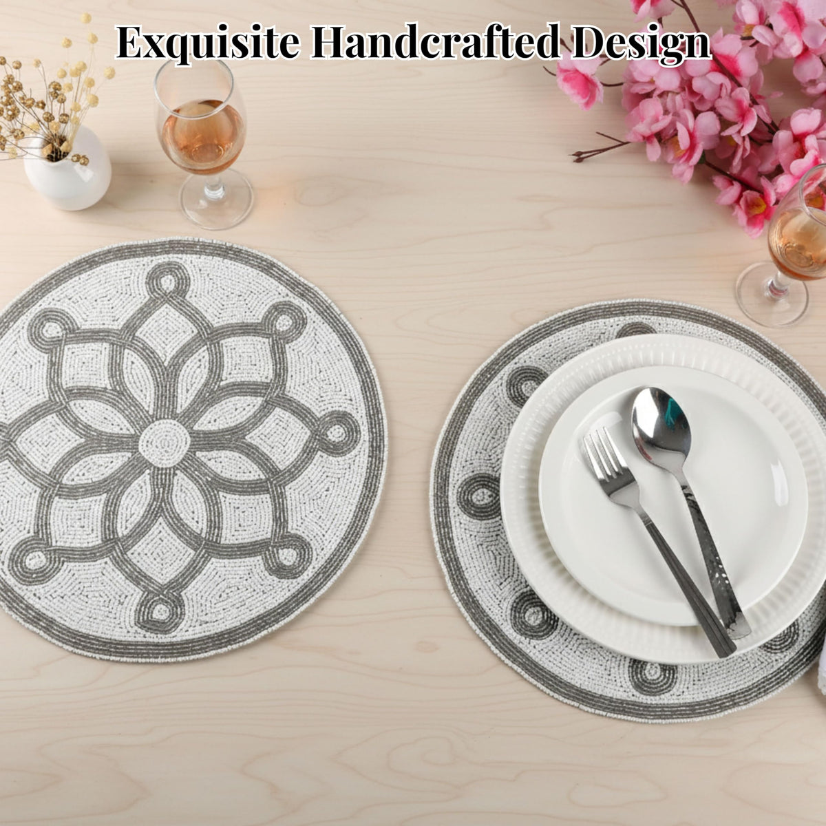 ALPHA Living HOME Beaded Placemats – Silver & White, Set of 2