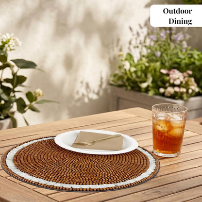 Round Woven Placemats Set of 2 – 13 Inch Handmade Wood with Cotton Backing, Decorative Table Mats for Dining Table, Farmhouse, Boho, Holiday & Everyday Home Decor, Ivory Natural