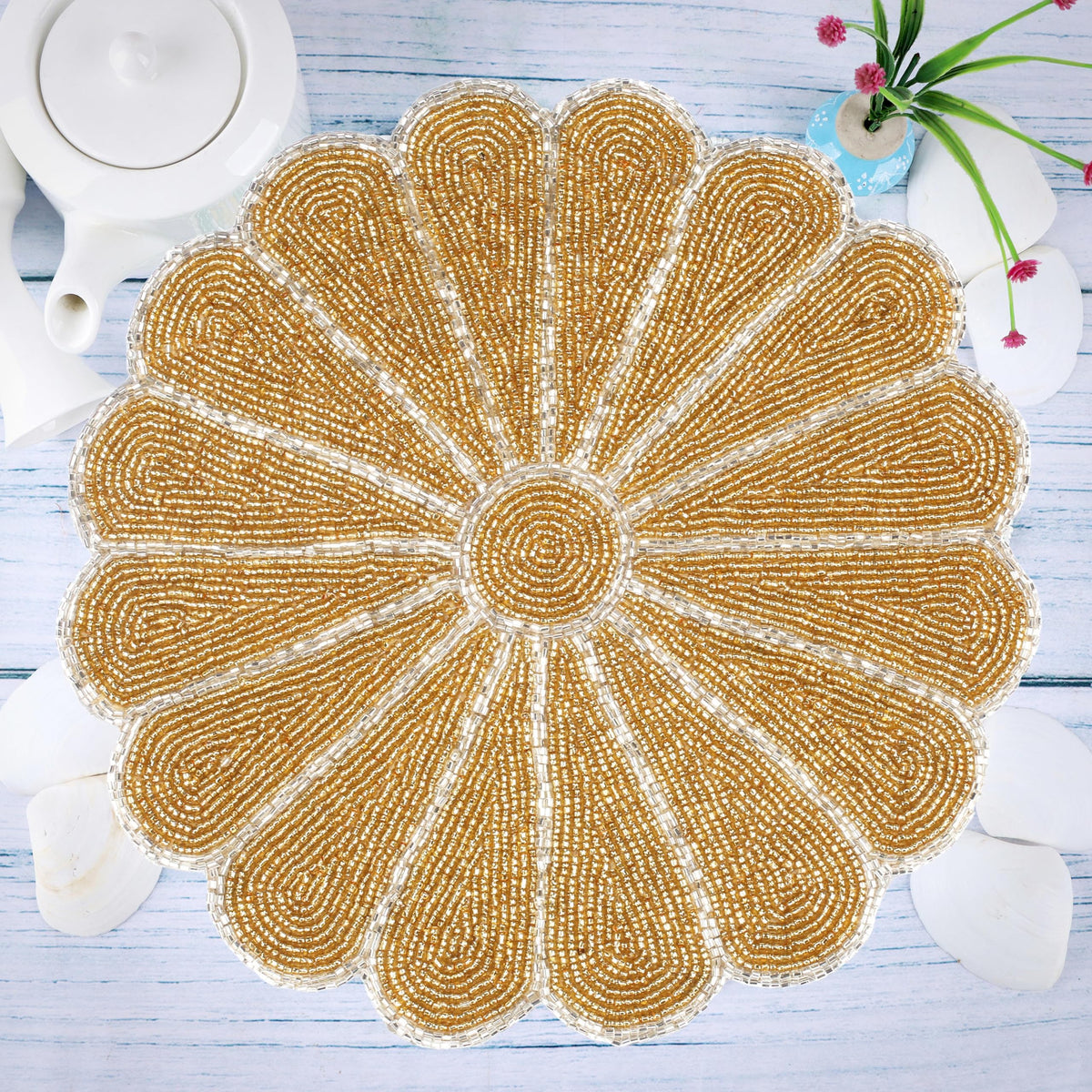 ALPHA Living HOME 2-Pack Round Placemats, Glass Beads, Gold Silver, 13 Inch