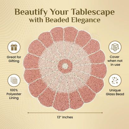 ALPHA Living HOME Beaded Placemats – 13 Inch Round Handmade Glass Bead Table Mats, Set of 1 (Pink White)