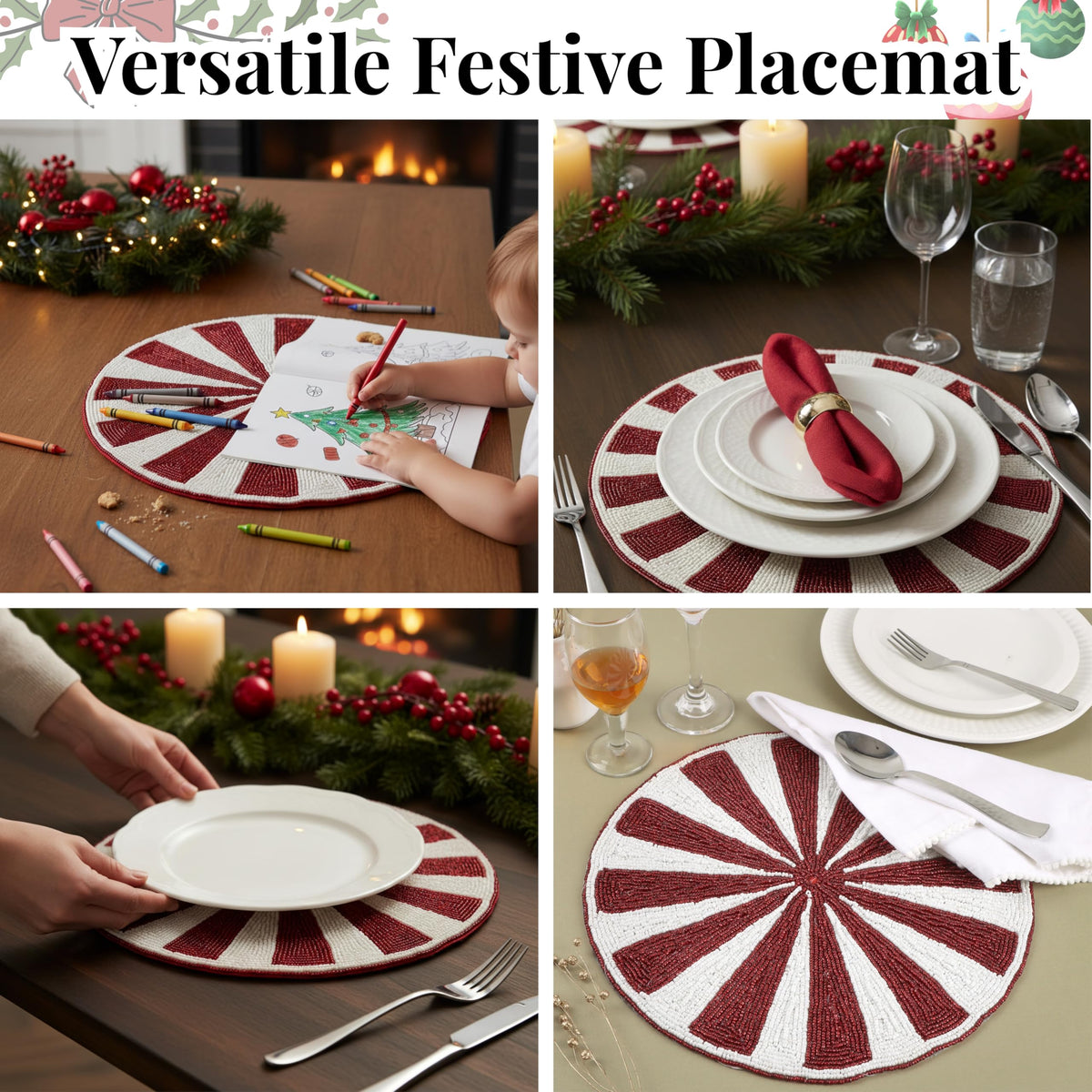 Alpha Living Home Beaded Placemats, Set of 2, 13 in Round, Red & White