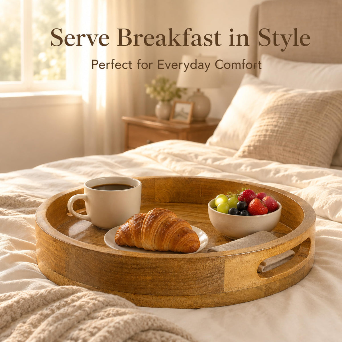Round Wooden Tray - 12" Decorative Wood Serving Tray - Perfect for Breakfast, Lunch, Dinner, Appetizers, Patio, Ottoman, Coffee Table - Durable Living Room Couch Tray (Natural) - ALPHA Living HOME