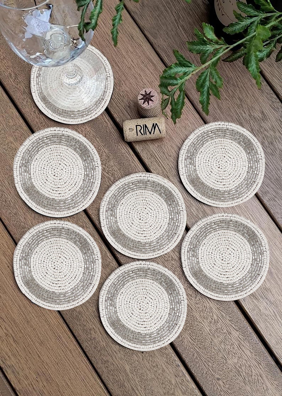 Beaded Coasters Set of 12 – Handmade Glass Bead Drink Coasters with Cotton Backing, 4 Inch Round Decorative Table Coasters for Coffee Table, Dining Table, Bar, Wedding & Home Decor, Silver White