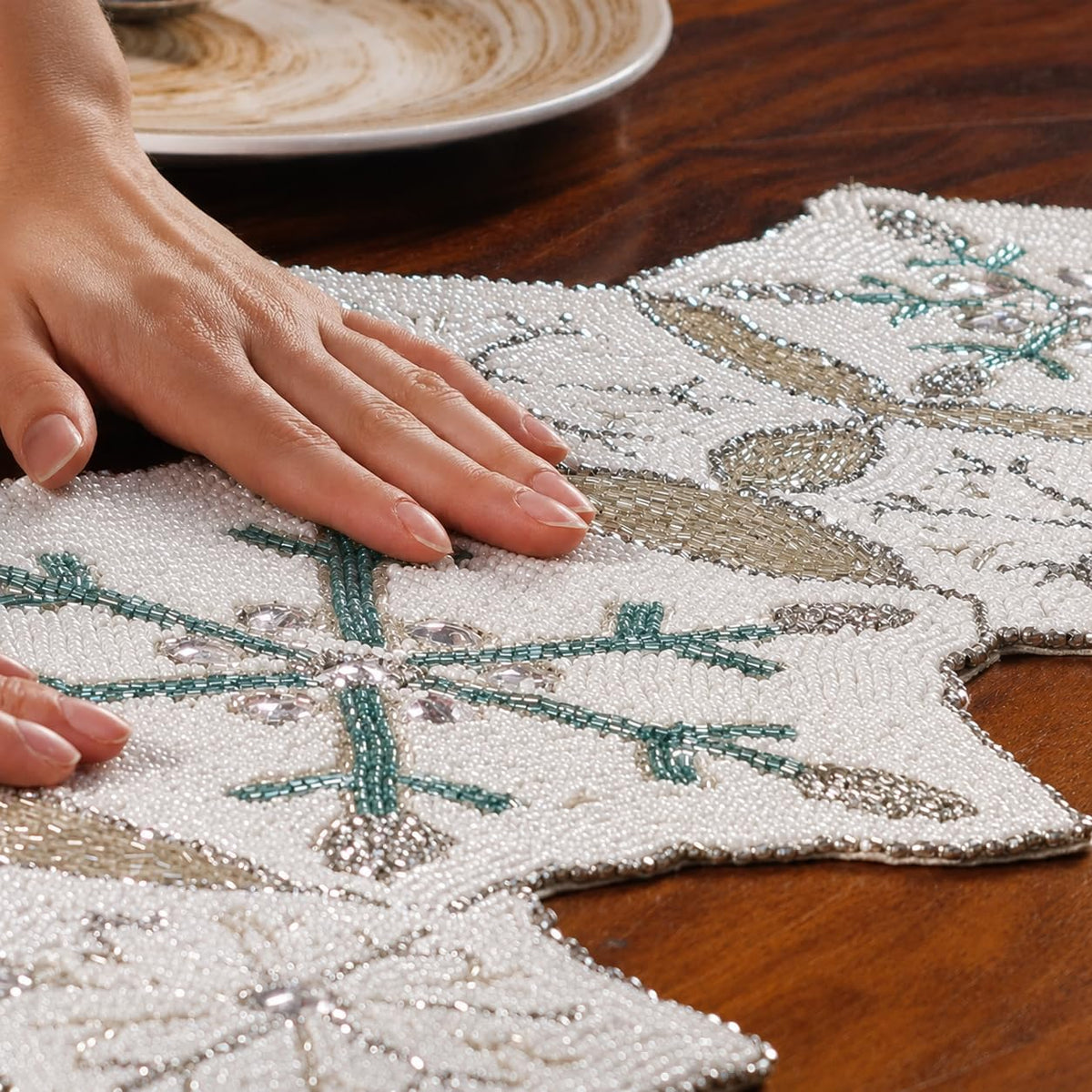 ALPHA Living HOME 36-Inch Beaded Table Runner, Glitz Decorative Runner for Dining Table, Wedding, Bridal Shower, Christmas & Farmhouse Décor, Chiffon White Sapphire