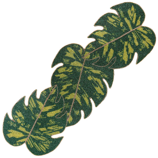Monstera Leaf Beaded Table Runner 13 x 36 Inch, Handmade Glass Bead Runner for Dining Table, Coffee Table & Console Table, Tropical Farmhouse Centerpiece Decor for Holidays, Weddings & Everyday Use