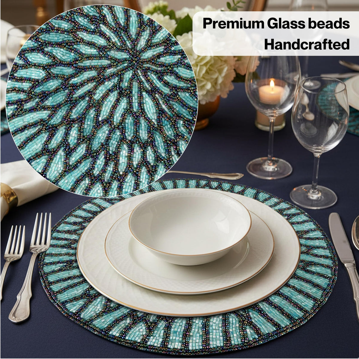 ALPHA Living HOME Beaded Placemats – 13 Inch Round Glass Bead Table Mats, Set of 2 (Blue Black)