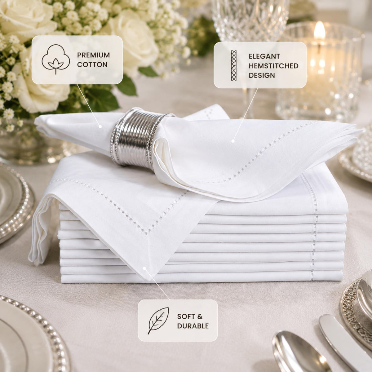 Alpha Living Home White Cloth Napkins, 20x20 in, 12-Pack