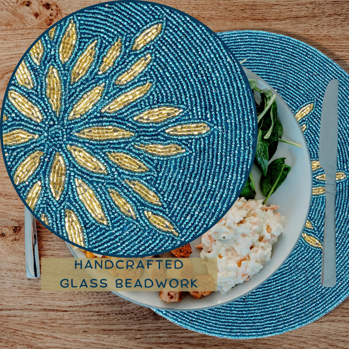 Alpha Living Home 13-Inch Round Beaded Placemat, Gold Teal, Set of 1