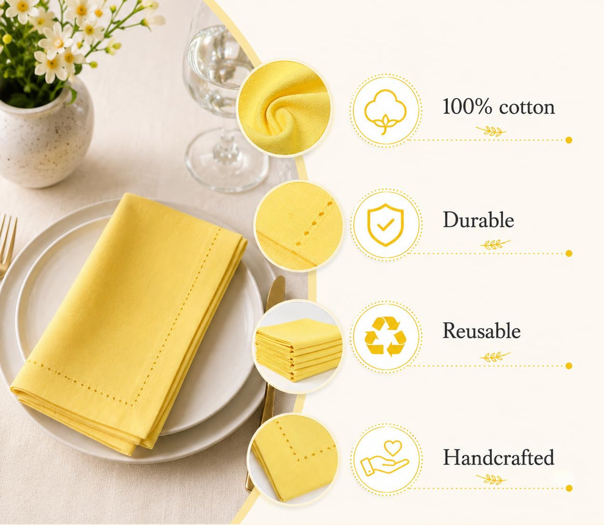 Alpha Living Home Cotton Cloth Napkins, 18x18 in, Yellow, 12-Pack