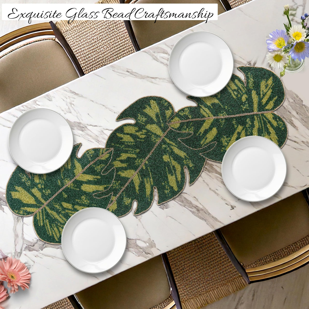 Monstera Leaf Beaded Table Runner 13 x 36 Inch, Handmade Glass Bead Runner for Dining Table, Coffee Table & Console Table, Tropical Farmhouse Centerpiece Decor for Holidays, Weddings & Everyday Use