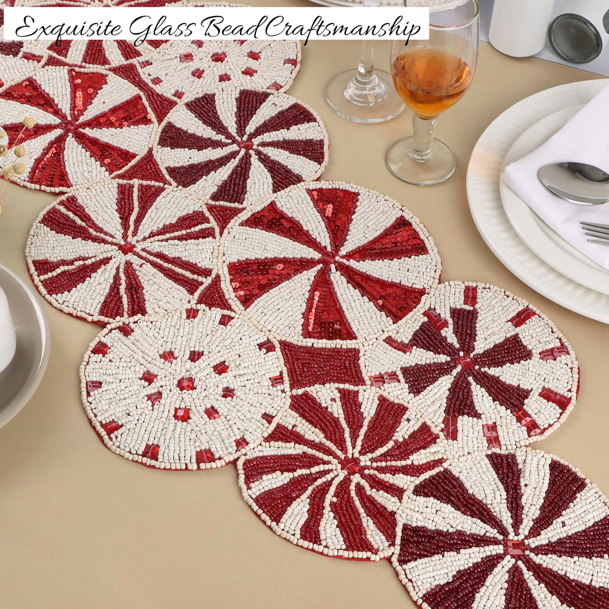 Beaded Table Runner – Handmade Floral Glass Bead Decorative Table Runner for Dining, Coffee & Accent Table- Red and White