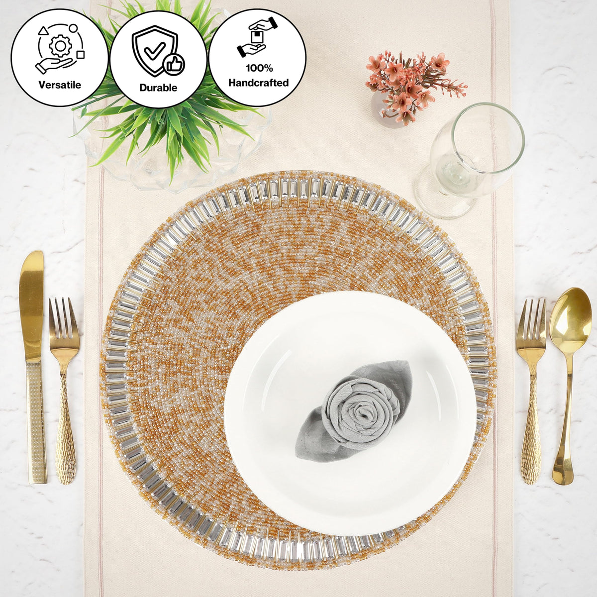 ALPHA Living HOME Round Beaded Placemats – 13 Inch Handmade Glass Bead Table Mats, Set of 2 (Multi)