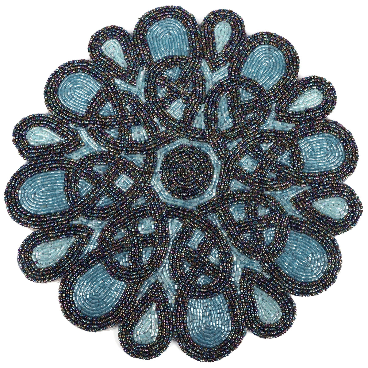 Round Handmade Beaded Placemat, Blue Black, Set of 1