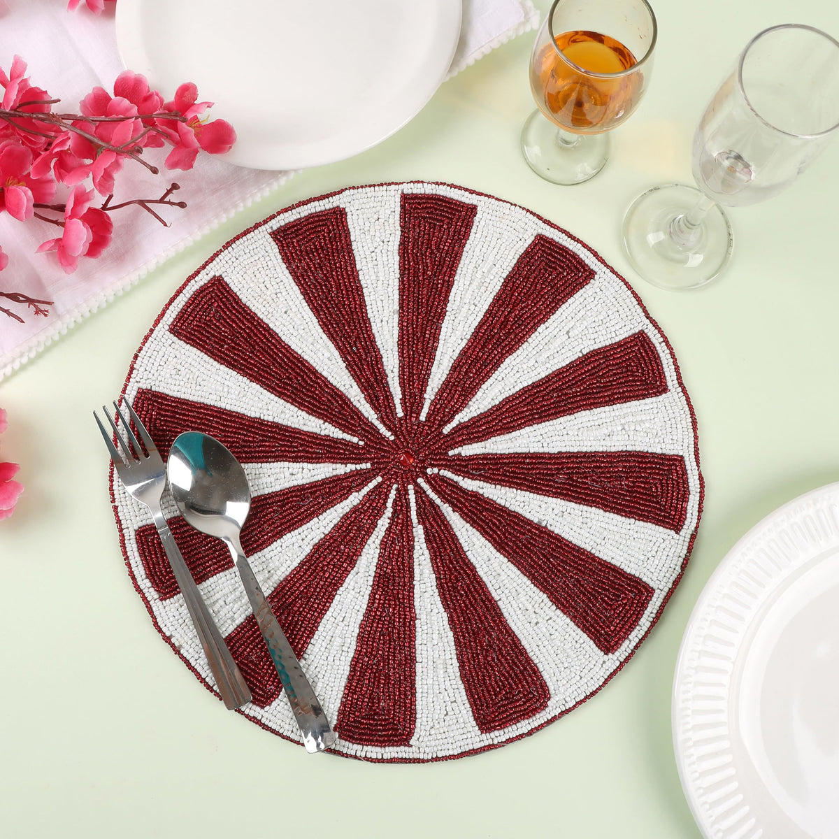 Alpha Living Home Beaded Placemats, Set of 2, 13 in Round, Red & White