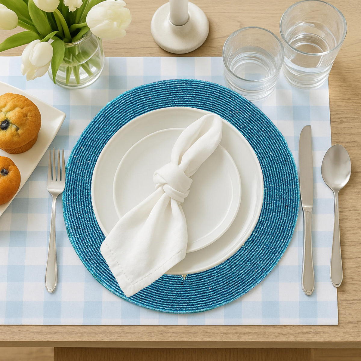 Alpha Living Home 13-Inch Round Beaded Placemat, Gold Teal, Set of 1
