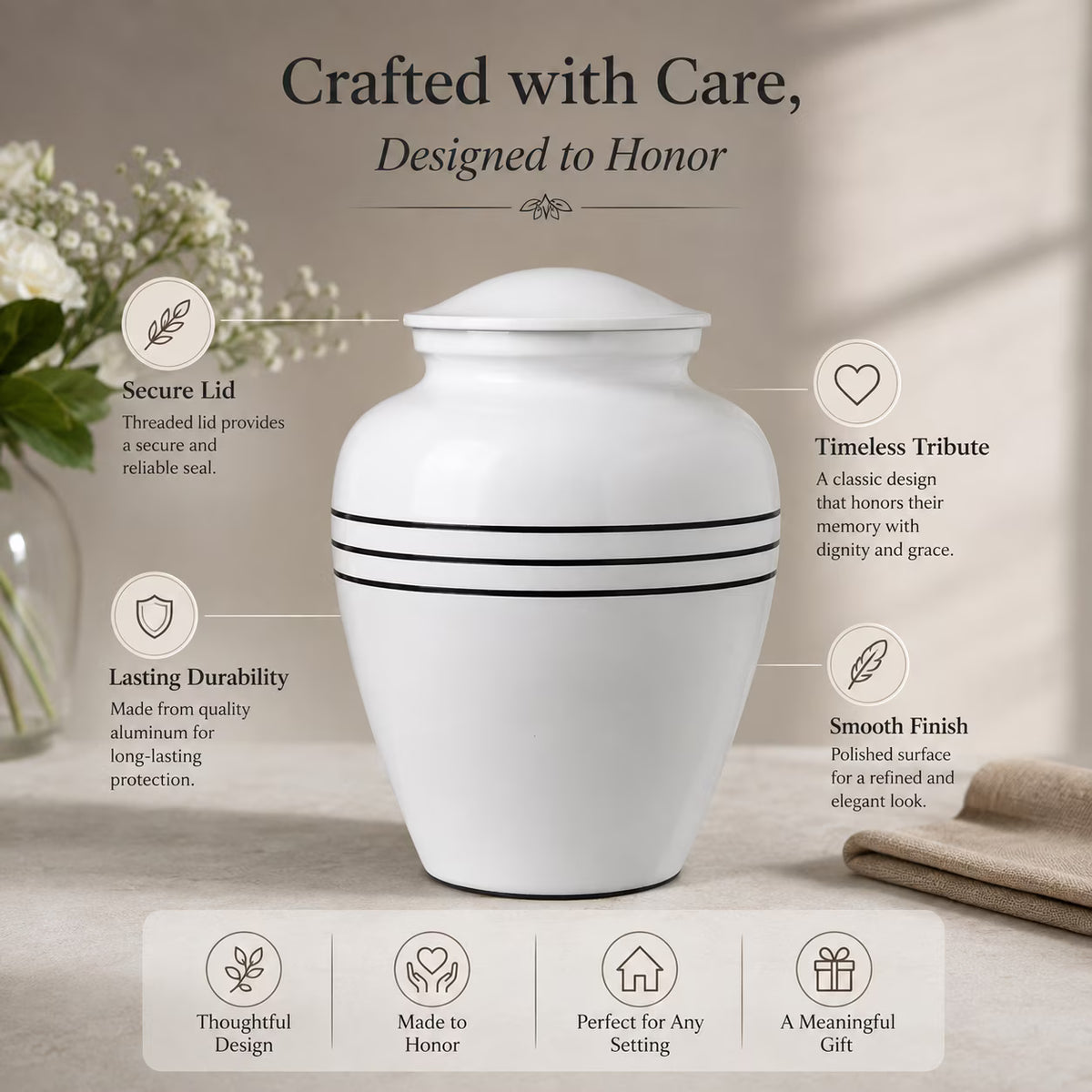 Memorials Cremation Urns for Human Ashes Cremation Urn Funeral Urns for Adult Female & Male Decorative Burial Urn Holds Large up to 220 lbs (White Black) - ALPHA Living HOME