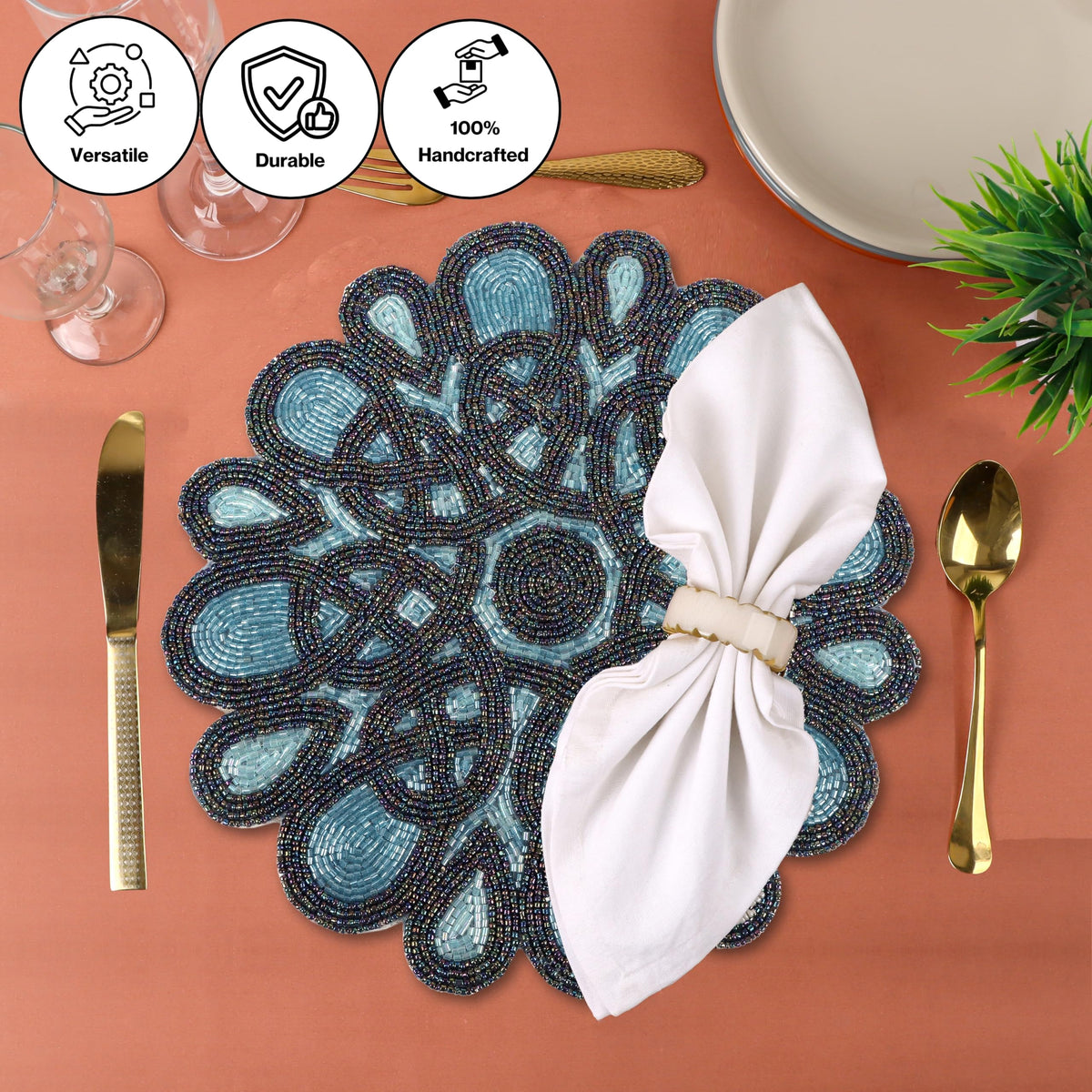Round Handmade Beaded Placemat, Blue Black, Set of 1