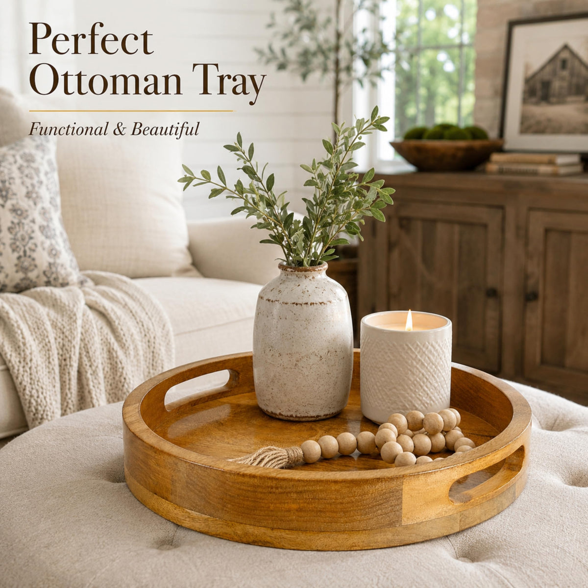 Round Wooden Tray - 12" Decorative Wood Serving Tray - Perfect for Breakfast, Lunch, Dinner, Appetizers, Patio, Ottoman, Coffee Table - Durable Living Room Couch Tray (Natural) - ALPHA Living HOME
