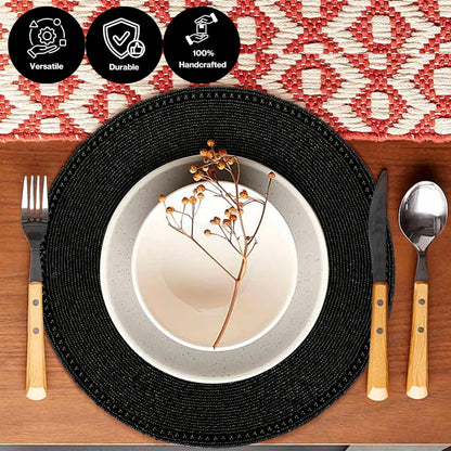 ALPHA Living HOME Round Beaded Placemat – Handmade Glass Bead Charger Table Mat, Set of 1 (Black)