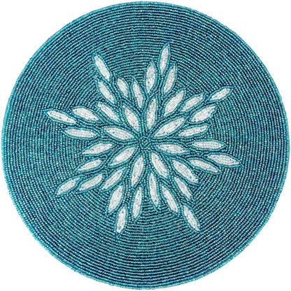 ALPHA Living HOME Beaded Table Mat – Handmade Glass Bead Round Charger Placemat, Set of 1 (Silver Teal)